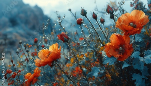  a close up of a bunch of flowers with a mountain in the background in the background is a body of water.