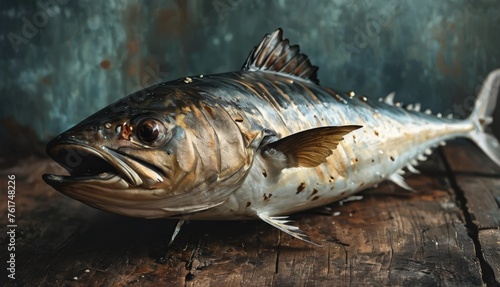  a close up of a fish on a wooden surface with it's mouth open and it's mouth wide open.