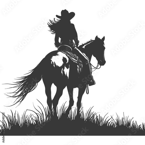 Silhouette cowgirl riding horses alone black color only