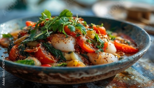  a close up of a bowl of food with scallops and veggies on the top of it.