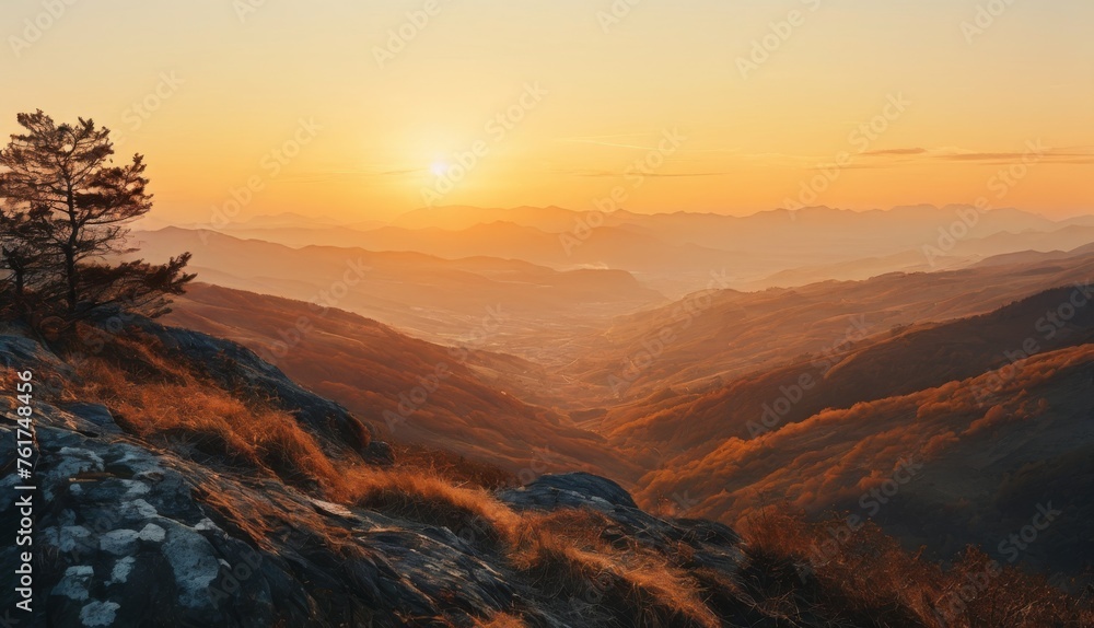  the sun setting over a mountain range with a lone tree on the top of a hill in the foreground.