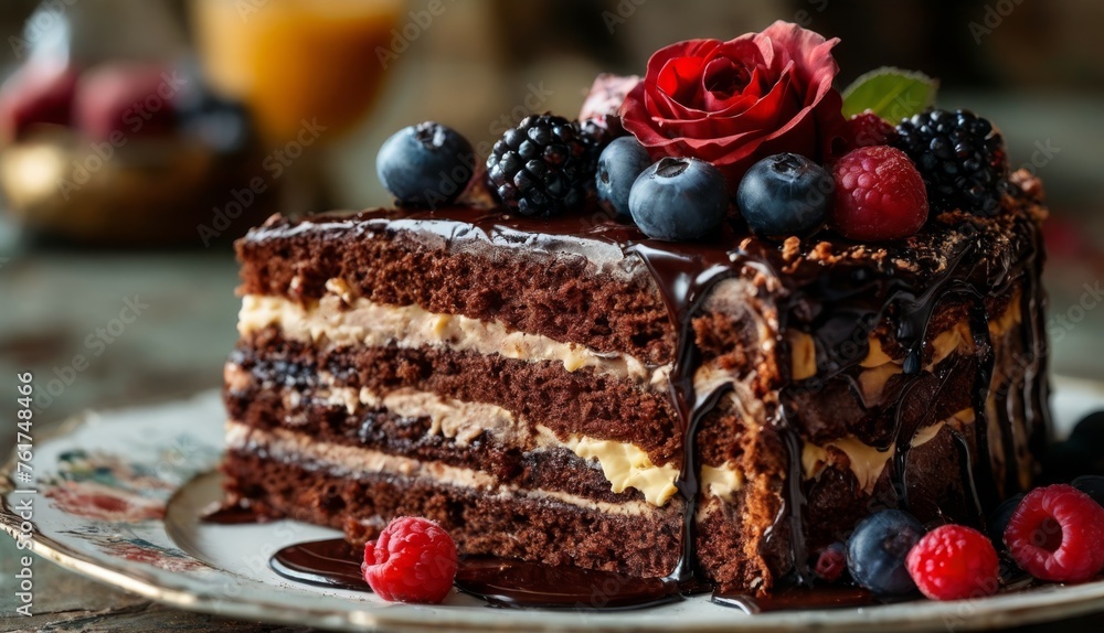 a close up of a slice of cake on a plate with berries and raspberries on top of it. a close up of a slice of cake on a plate with berries and raspberries on top of it.