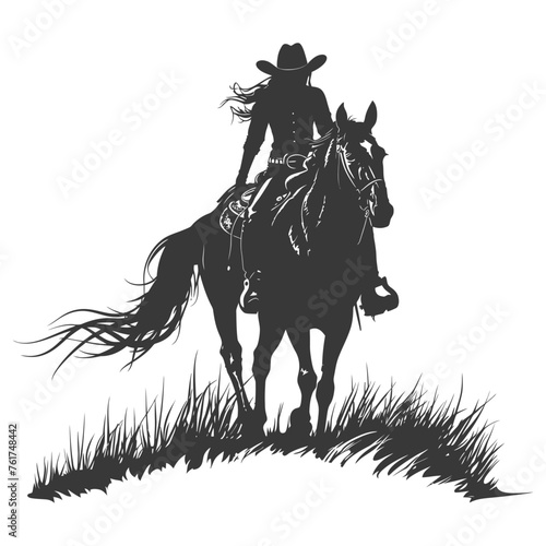 Silhouette cowgirl riding horses alone black color only