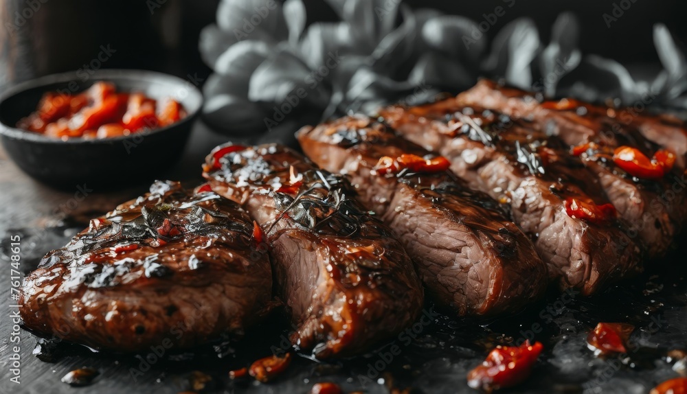  a close up of some steaks on a table with a bowl of sauce and a spoon in the background.