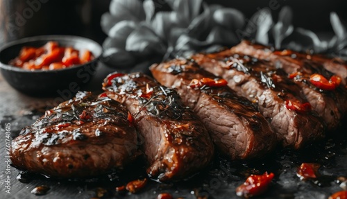  a close up of some steaks on a table with a bowl of sauce and a spoon in the background.