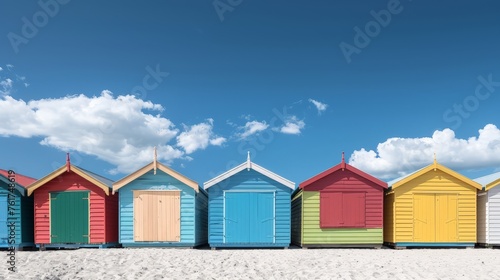 A row of vibrant beach huts lined up on a sandy beach.
