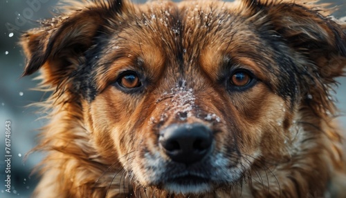  a close up of a dog s face with snow all over it s fur and a blurry background.
