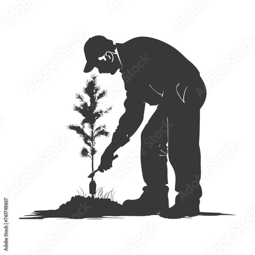 Silhouette elderly man planting tree in the ground black color only