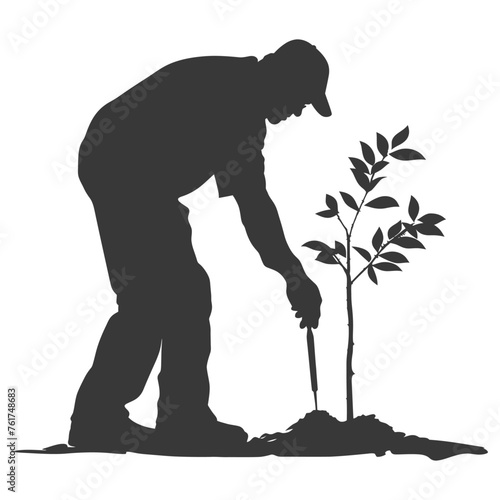 Silhouette elderly man planting tree in the ground black color only