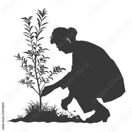Silhouette elderly woman planting tree in the ground black color only