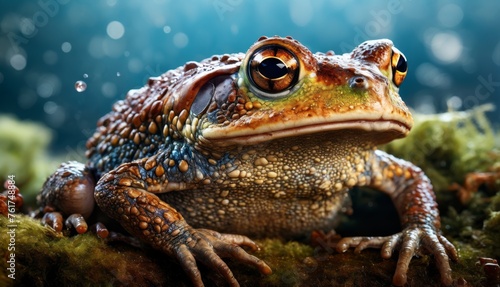  a close up of a frog sitting on top of a mossy ground with bubbles of water in the background.