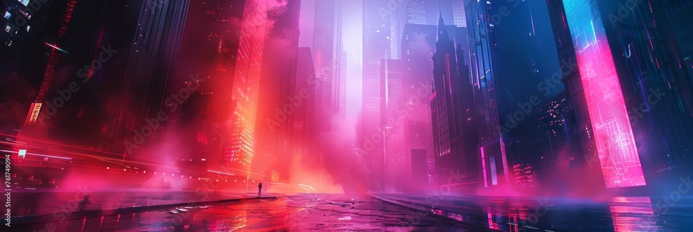 Futuristic night city with neon lights and reflections.