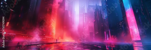Futuristic night city with neon lights and reflections.