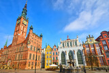 Main City Hall and Neptune fountain at Dlugi Targ Square in the old city center of Gdansk, Poland