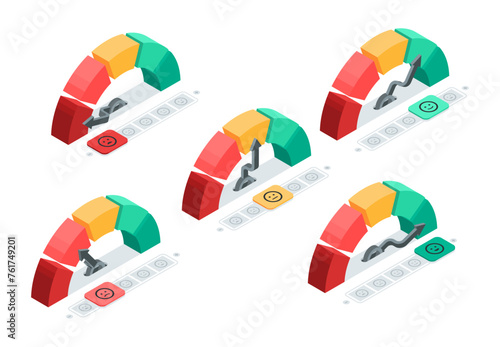 isometric vector set of mood scales, in color on a white background, scale with arrow and emoticons