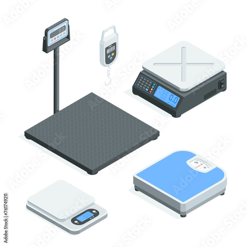 isometric vector set of scales, in color on a white background, large warehouse scales and also for store or market and home