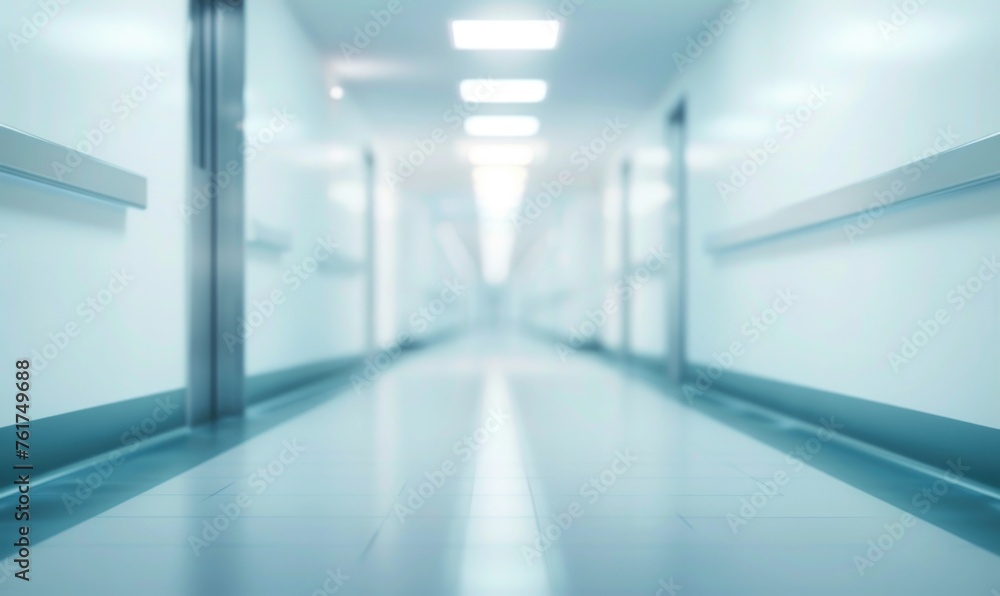 A Bright and Clean Medical Facility Hallway. Corridor in Hospital or Clinic Blur Image Background
