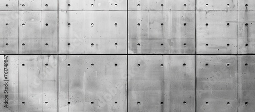 A close up shot of a rectangular concrete wall with symmetrical holes in a monochrome photography style, creating an interesting pattern resembling art