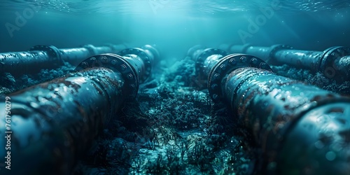 Digital rendering of gas pipelines on sea bottom illustrating transportation and pollution. Concept Underwater Pipelines, Gas Transportation, Pollution, Digital Rendering, Sea Bottom