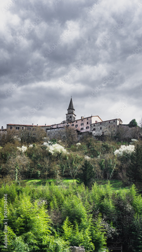Skyline of the istrian village of Buzet on a cloudy day