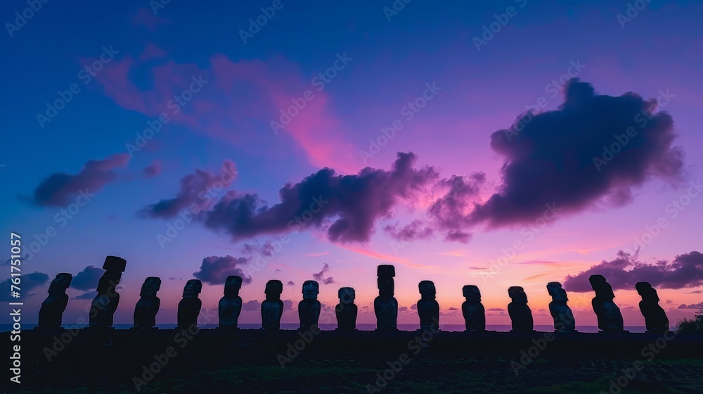 A group of moai statues, iconic stone figures from Easter Island, standing tall and stoic in the middle of a vast field.