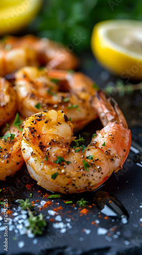 Close up of grilled seafood shrimp with lemon , spices and herbs