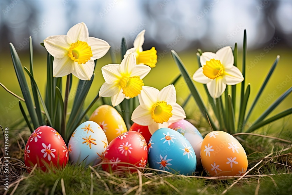 Easter eggs on meadow with daffodil flower - generative ai Easter eggs on meadow with daffodil flower - generative ai