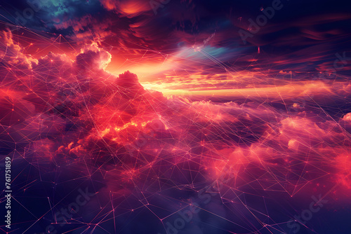 visualization of a red digital cloud in the real world, internet virus and danger concept, cloud computing, large data center