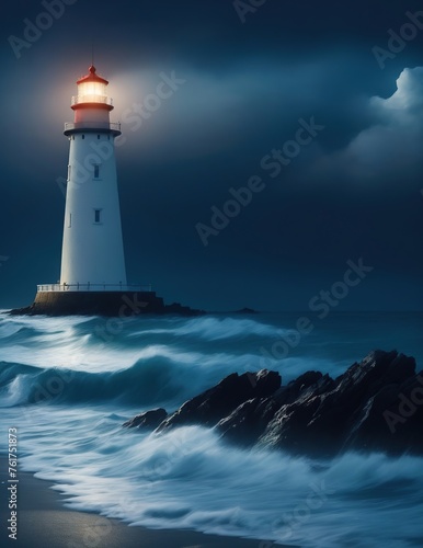 Wallpaper Mural A lighthouse on the seashore shines at night Torontodigital.ca