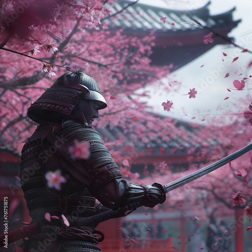 Samurai in Japan, during Spirng among sakura trees