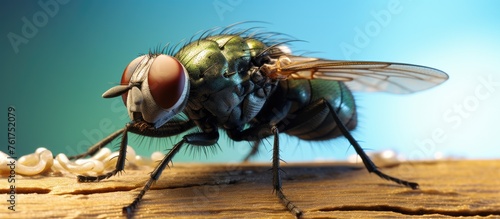 A close up of a fly, a membranewinged insect, on a wooden surface. The arthropod, pest, and parasite has its head and wings clearly visible, showcasing the invertebrates features