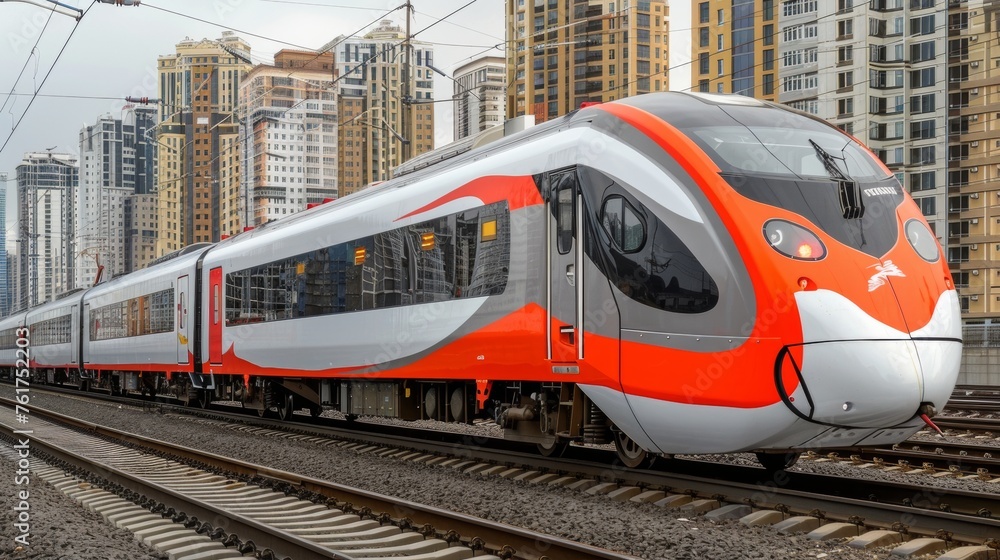Naklejka premium Modern high speed express train arriving at a bustling urban train station in the city center