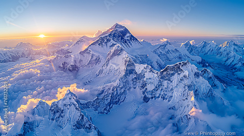 Aerial view of Himalaya mountains at sunset. Nepal, Everest region.