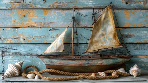 an antique sailing boat toy model surrounded by ship, rope, and seashells on a serene white and blue wooden background, offering a nautical ambiance and ample empty space for text.