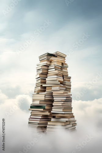 A stack of books in the sky among the clouds. The concept of cloud storage of information