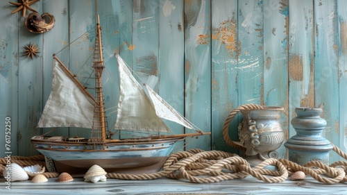 an antique sailing boat toy model surrounded by ship, rope, and seashells on a serene white and blue wooden background, offering a nautical ambiance and ample empty space for text.