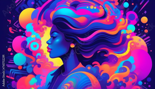 A brightly colored cartoon illustration of a woman with swirling patterns and neon elements around her