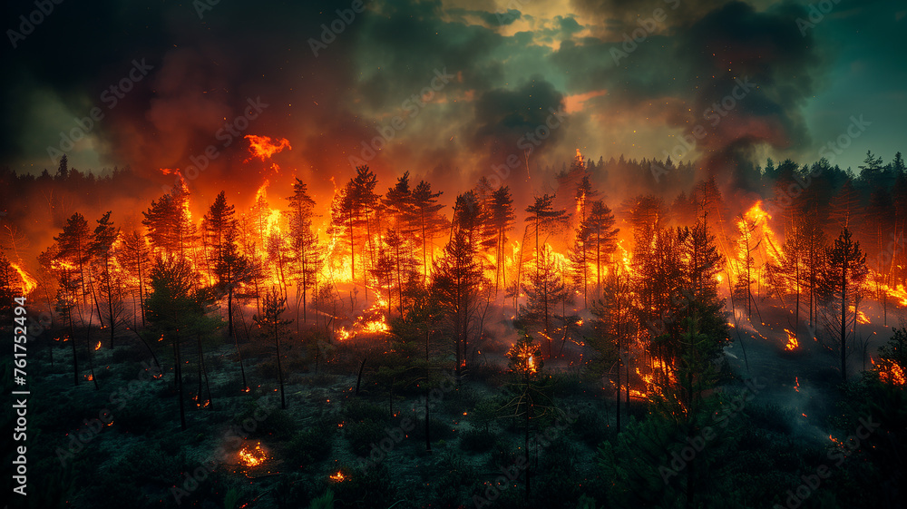 Global catastrophe: forest fires engulf landscapes, leaving devastation in their wake.