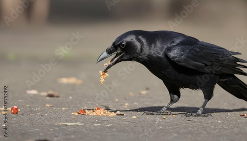 A Crow With Its Sharp Beak Pecking At A Discarded