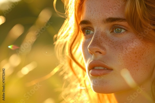Portrait of a young girl with freckles in sunlight
