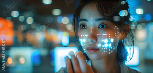 Concept of staying current with technology in today's fast-paced world. An Asian woman uses a holographic display to view her phone data and functions.
