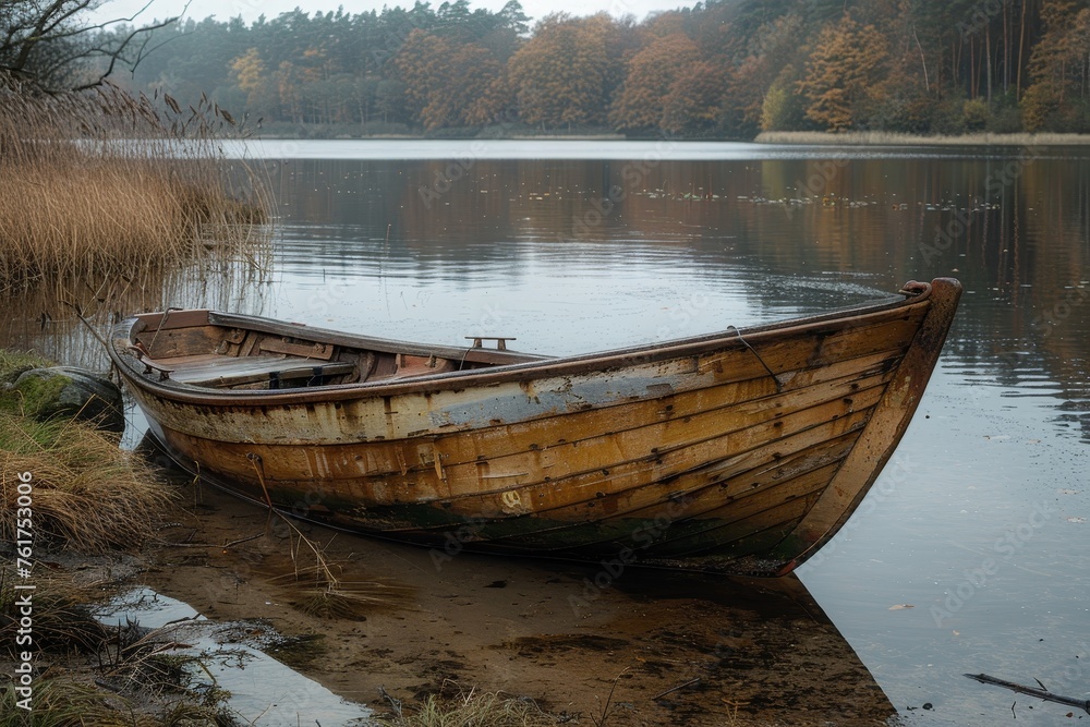 An old boat on a calm lake reflects timeless nature's charm and authenticity amidst rustic landscapes