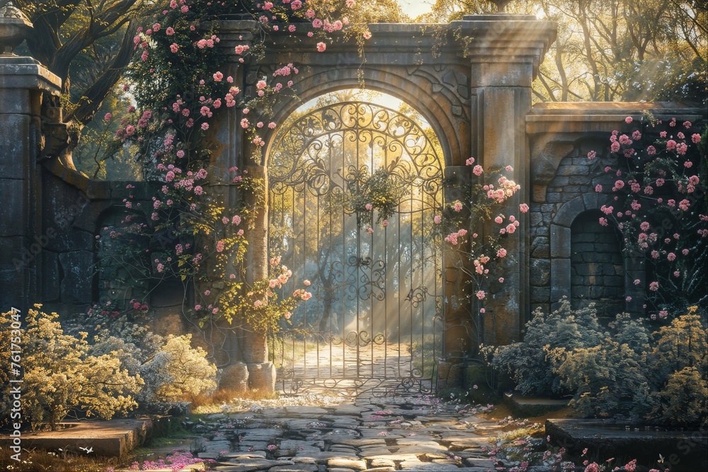Golden sunrise behind an ornate garden gateway