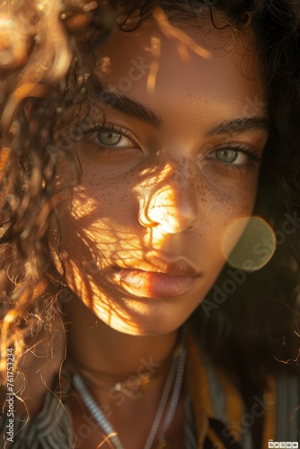 Sunlit portrait of a person with untamed hair, embodying the raw beauty and honest reflections of unfiltered individuality photo