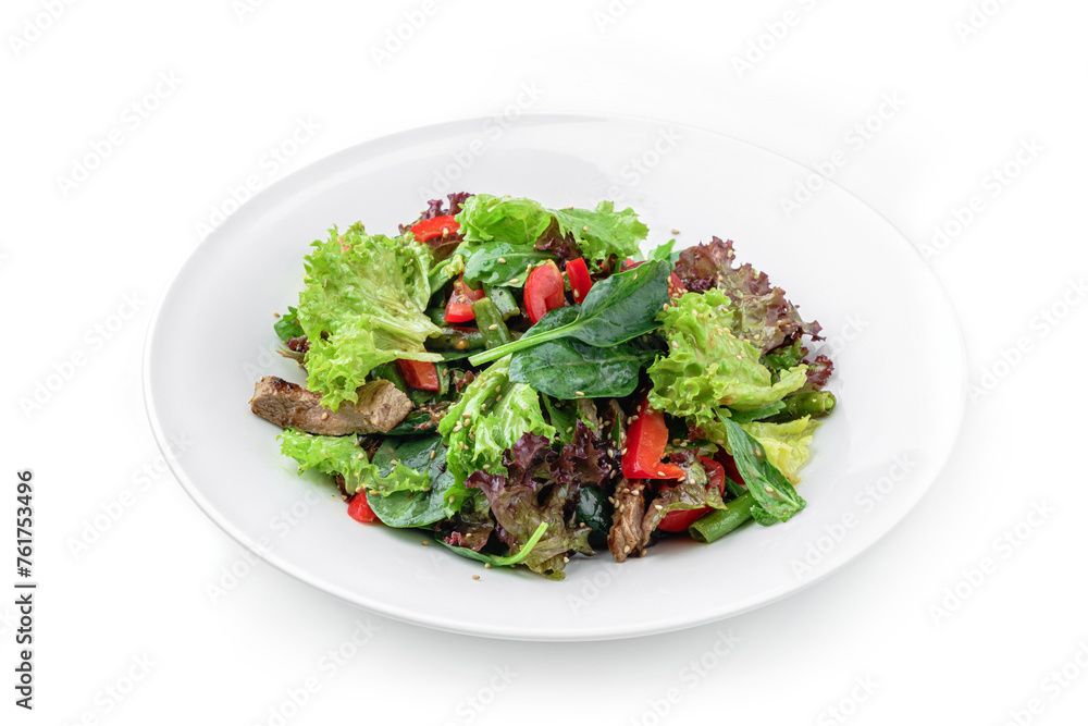 Healthy salad with grilled beef meat, tomatoes, bell pepper, lettuce, arugula, french bean and sauce in plate isolated on white background. Healthy food, top view Healthy salad with grilled beef meat, tomatoes, bell pepper, lettuce, arugula, french bean and sauce in plate isolated on white background. Healthy food, top view