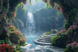 Waterfall oasis with blooming flowers in a cavern