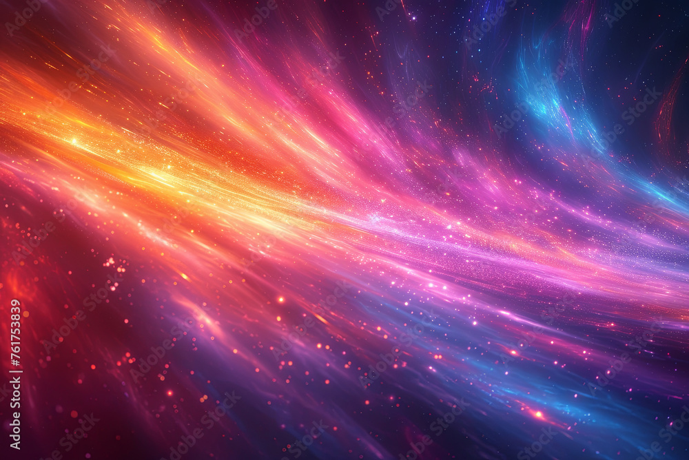 Fototapeta premium Colorful galaxy with a bright orange line in the middle. The stars are scattered throughout the galaxy, with some being larger than others. Scene is one of wonder and awe