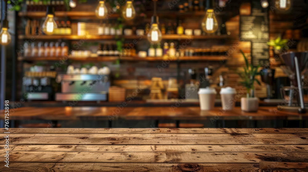 Empty wooden table with blurred cafe background