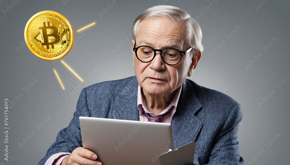 old man trying to understand bitcoin, concept of baby boomers and digital assets as banner with copyspace area -  