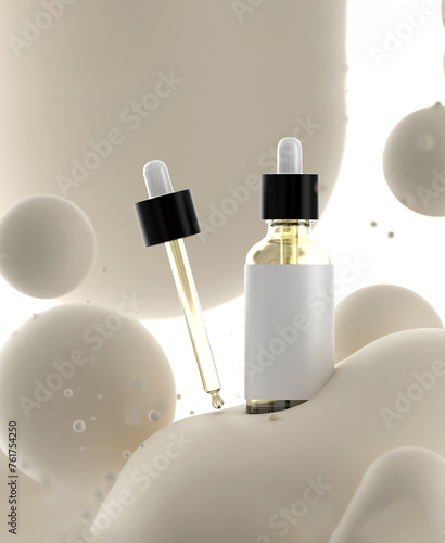 Flying drop bottle with flying balls in a beige, 3d render
